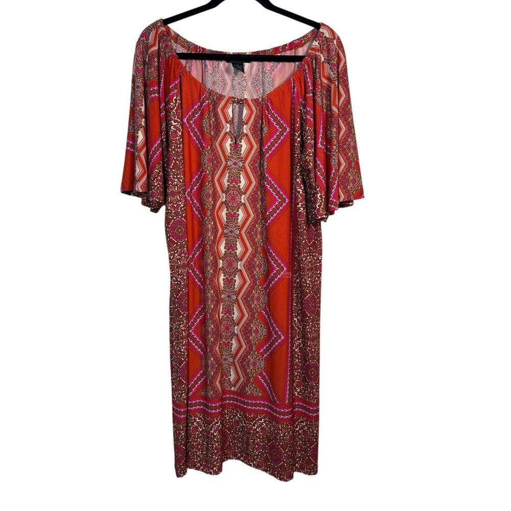 Grace Dresses Boho Geometric Medallion Flutter Sleeve Shift Dress Plus Size 1X